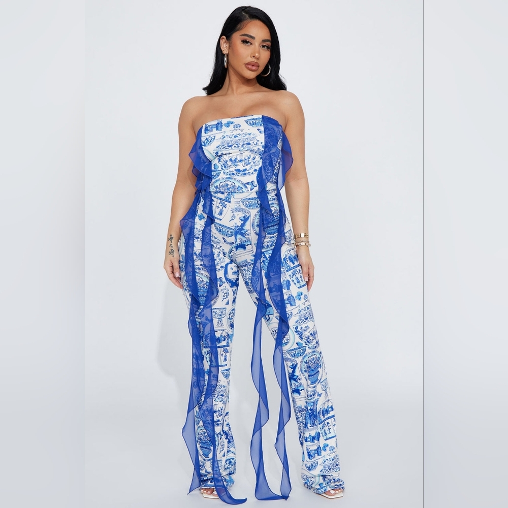Blue Patterned Strapless Jumpsuit - image 1